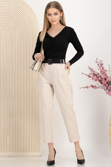 Pantaloni damă – Colecția 2025 casual, Pantaloni lungi din bumbac crem cu elastic in talie si accesoriu tip curea - StarShinerS.ro