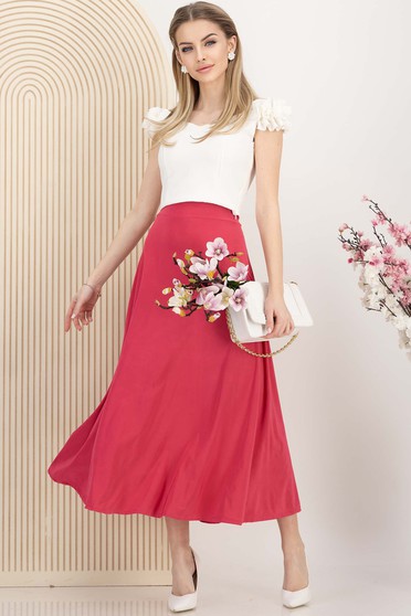 Tinute office dama  - Pagina 6, Fusta din lycra fuchsia midi in clos cu elastic in talie - StarShinerS.ro