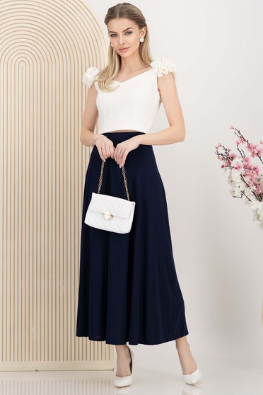 Tinute office dama  - Pagina 6, Fusta din lycra bleumarin midi in clos cu elastic in talie - StarShinerS.ro