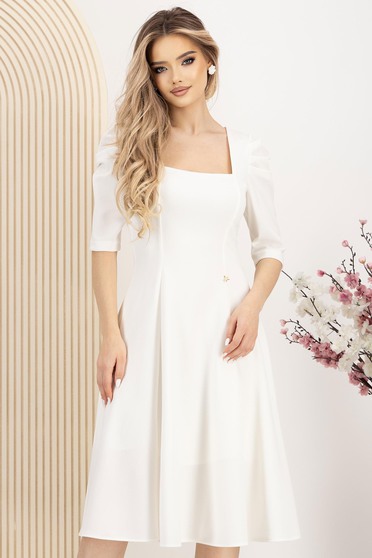 Rochie din crep alba midi in clos cu umeri bufanti si decolteu patrat - StarShinerS