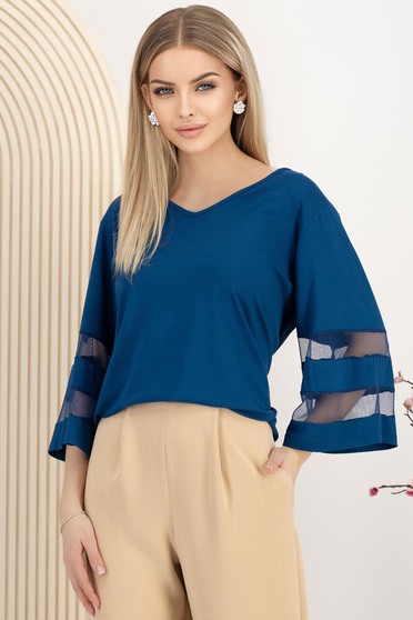 Bluze damă – Colecția 2025 - Pagina 3, Bluza dama din lycra albastru petrol cu croi larg si maneci decorative - StarShinerS.ro