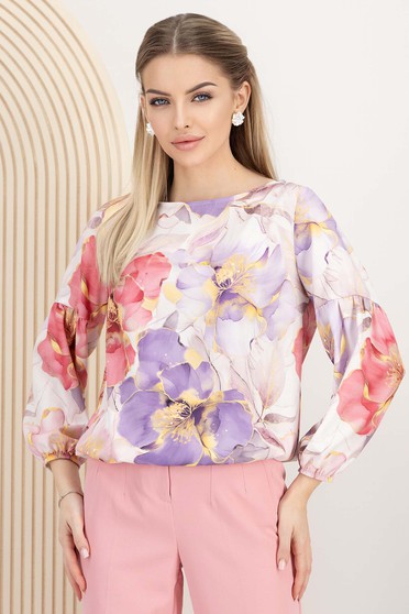 Bluze damă – Colecția 2025 - Pagina 3, Bluza dama din georgette mov cu croi larg si elastic in talie cu imprimeu floral - StarShinerS.ro