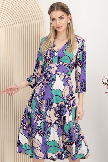 Rochii lycra, Rochie din lycra mov midi in clos cu decolteu in v - StarShinerS.ro
