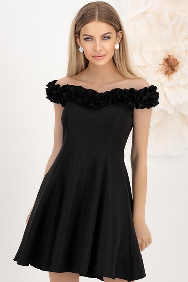Rochie din stofa elastica cu sclipici neagra scurta in clos cu umeri goi si volanase pe linia decolteului - StarShinerS
