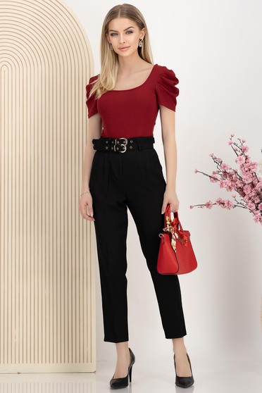 Pantaloni lungi din stofa elastica negri cu un croi drept si accesorii tip curea