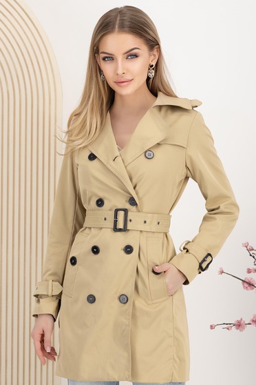 Trenciuri colorate, Trench din fas bej cu un croi drept accesorizat cu cordon - StarShinerS.ro