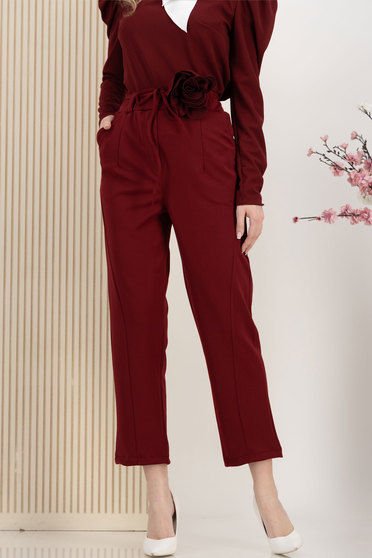 Pantaloni lungi din stofa elastica visinii cu elastic in talie si cordon detasabil cu floare maxi