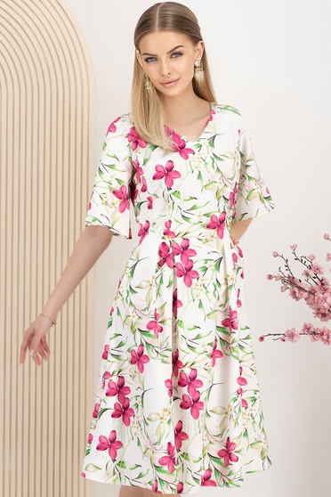 Rochie din stofa elastica midi in clos cu buzunare si imprimeu floral