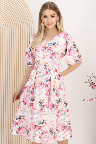 Rochie din stofa elastica midi in clos cu buzunare si imprimeu floral