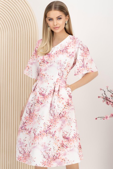 Rochie din stofa elastica roz midi in clos cu buzunare si imprimeu floral