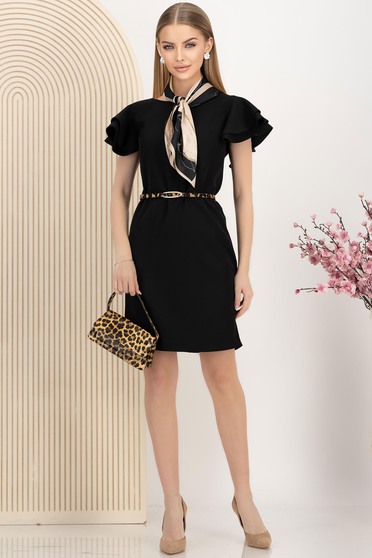 Rochie din stofa elastica neagra cu un croi drept si volanase la maneca - StarShinerS