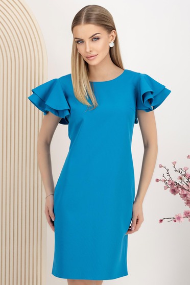 Rochie din stofa elastica turcoaz cu un croi drept si volanase la maneca - StarShinerS