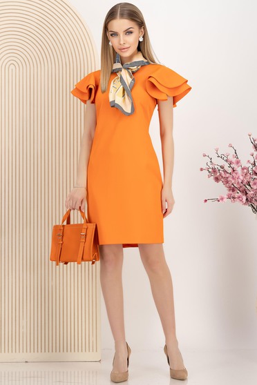 Rochie din stofa elastica portocalie cu un croi drept si volanase la maneca - StarShinerS