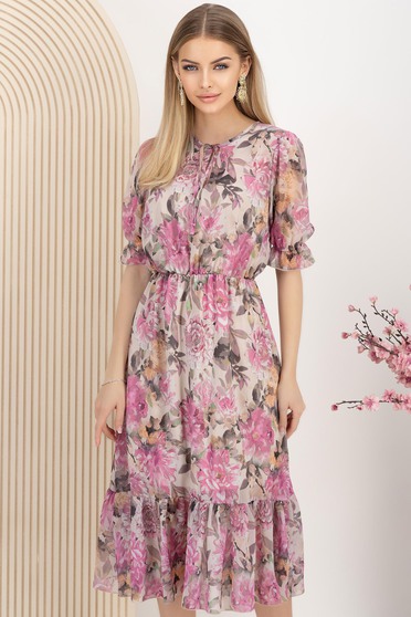 Rochie din voal roz midi in clos cu elastic in talie imprimata floral