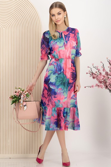 Rochie din voal midi in clos cu elastic in talie imprimata floral