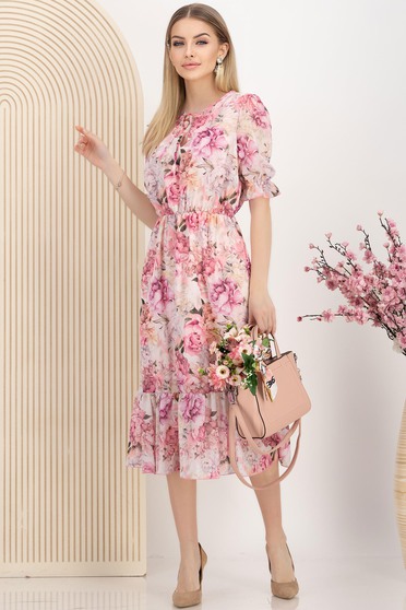 Rochie din voal roz-deschis midi in clos cu elastic in talie imprimata floral