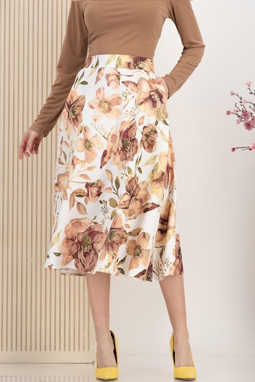 Fusta din stofa elastica bej midi in clos cu elastic in talie si buzunare laterale