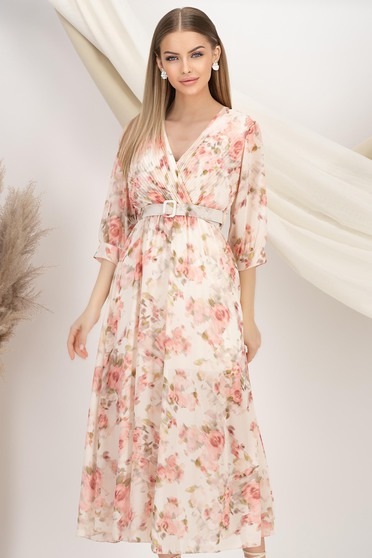 Rochie din voal roz midi in clos cu elastic in talie si accesoriu tip curea