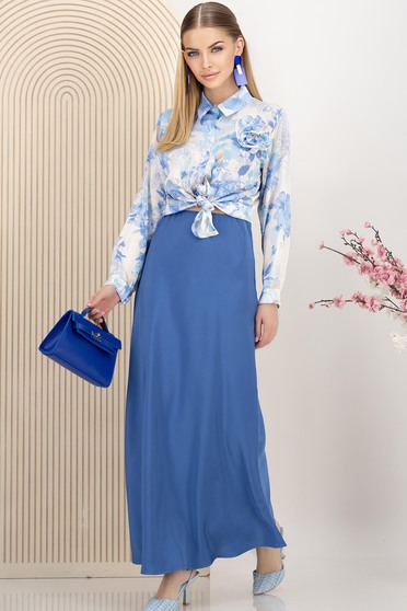 Fusta din satin albastra midi in clos cu elastic in talie