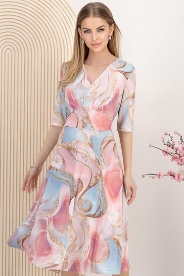Rochii midi - Colecția 2025, Rochie din lycra roz midi in clos cu decolteu in v - StarShinerS.ro