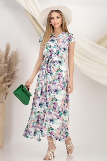 Rochii midi - Colecția 2025, Rochie tip camasa din in multicolora maxi accesorizata cu cordon si imprimeu floral - StarShinerS.ro