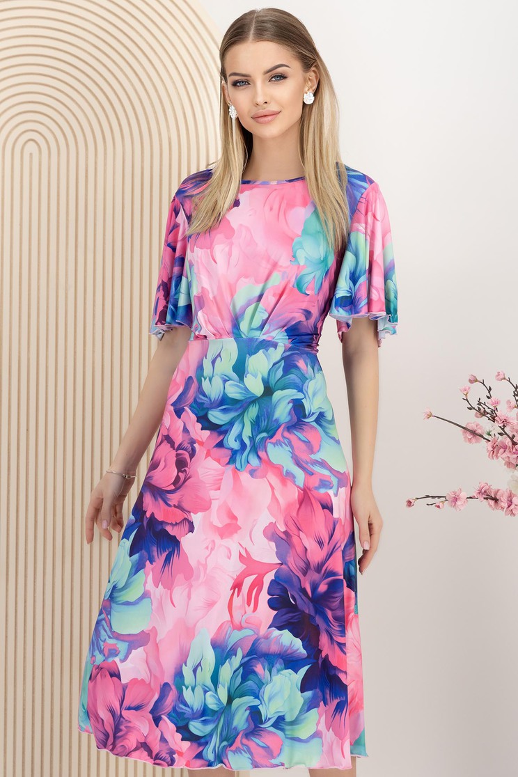 Rochie din lycra roz midi in clos cu maneca tip fluture imprimata floral
