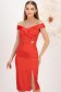 Rochie din tafta elastica satinata rosie midi tip creion cu umeri goi accesorizata cu brosa - StarShinerS 1 - StarShinerS.ro