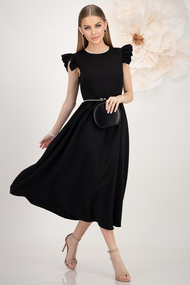 Rochii midi - Colecția 2025, Rochie din stofa elastica neagra midi in clos cu aplicatii cu perle - StarShinerS - StarShinerS.ro