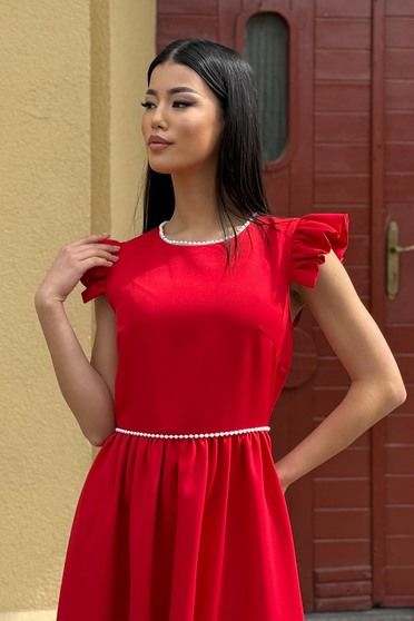 Rochii midi - Colecția 2025, Rochie din stofa elastica rosie midi in clos cu aplicatii cu perle - StarShinerS - StarShinerS.ro