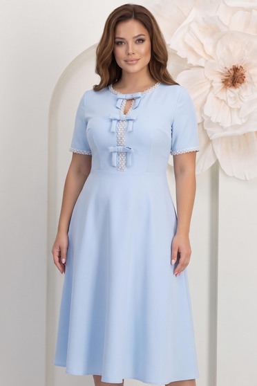 Rochie din stofa albastru-deschis midi in clos cu fundite ,perle si pietre strass- StarShinerS