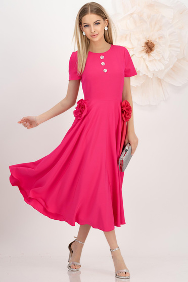 Rochii Roz - Colecția 2025, Rochie din stofa elastica fuchsia midi in clos cu buzunare laterale si flori 3D - StarShinerS - StarShinerS.ro
