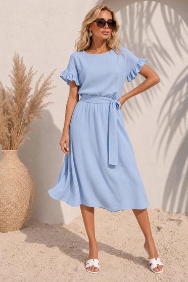 Rochie din in si viscoza albastru-deschis midi in clos cu elastic in talie si volanase la maneci - StarShinerS