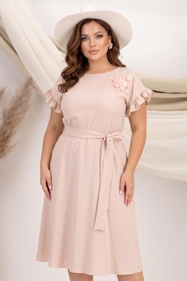 Rochie din viscoza si in bej midi in clos cu elastic in talie si aplicatie florala - StarShinerS