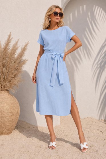 Rochie din viscoza si in albastru-deschis midi cu un croi drept si elastic in talie - StarShinerS