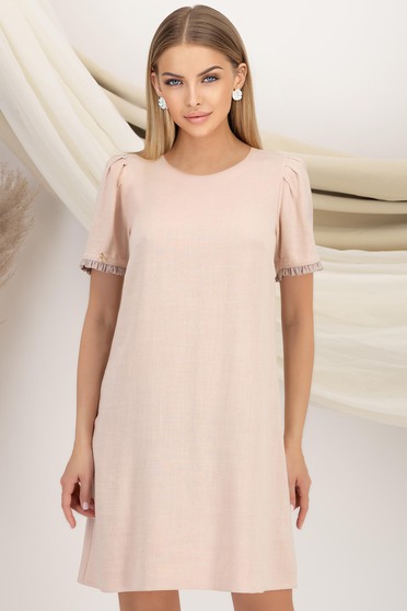 Rochie din viscoza si in bej scurta cu croi larg si umeri bufanti - StarShinerS