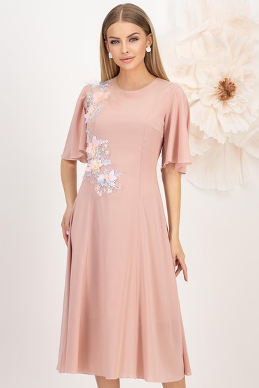 Rochie din voal roz pudra midi in clos cu aplicatii de dantela cu efect 3d - StarShinerS