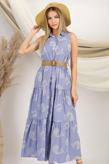 Rochii din materiale naturale, Rochie tip camasa din bumbac albastra midi cu accesoriu tip curea - StarShinerS.ro