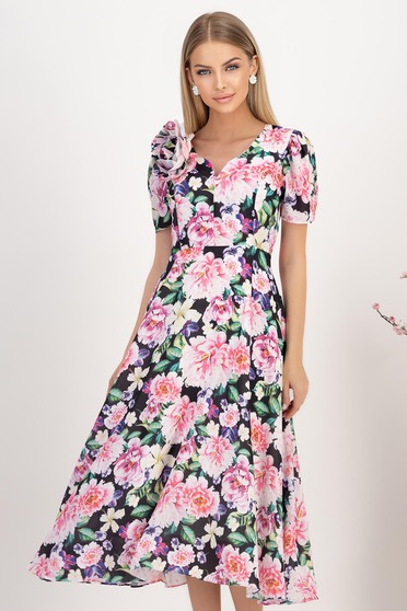 Rochii XS-S (36) - Colecția 2025, Rochie din voal multicolora midi in clos accesorizata cu 2 brose florale maxi - StarShinerS - StarShinerS.ro