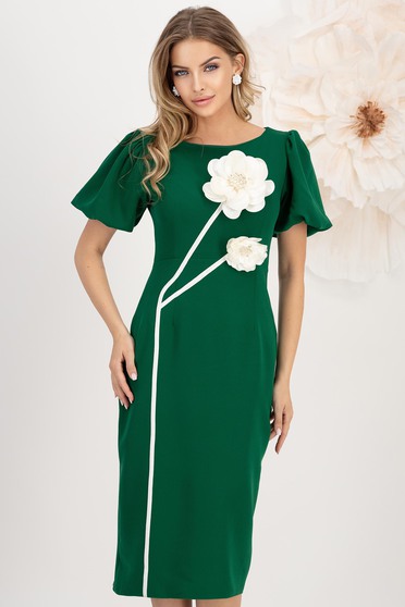 Rochie din stofa elastica verde midi tip creion cu maneci bufante si brose florale 3D - StarShinerS