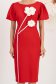 Rochie din stofa elastica rosie midi tip creion cu maneci bufante si brose florale 3D - StarShinerS 4 - StarShinerS.ro