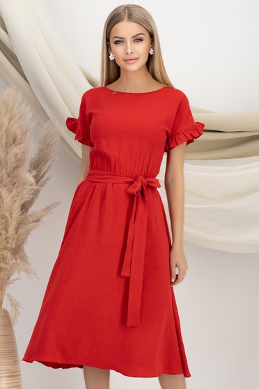 Rochii vaporoase - Colecția 2025, Rochie din in si viscoza rosie midi in clos cu elastic in talie si volanase la maneci - StarShinerS - StarShinerS.ro