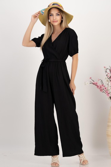 Salopeta din viscoza si bumbac neagra cu elastic in talie si decolteu petrecut