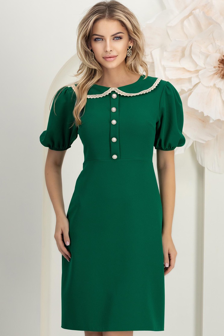 Rochie din stofa elastica verde pana la genunchi cu croi in a si guler rotunjit cu dantela - StarShinerS
