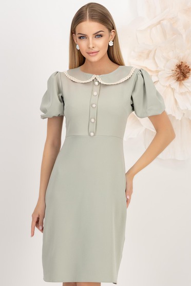 Rochie din stofa elastica mint pana la genunchi cu croi in a si guler rotunjit cu dantela - StarShinerS