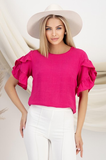 Bluza dama din in si viscoza roz cu volanase la maneca - StarShinerS