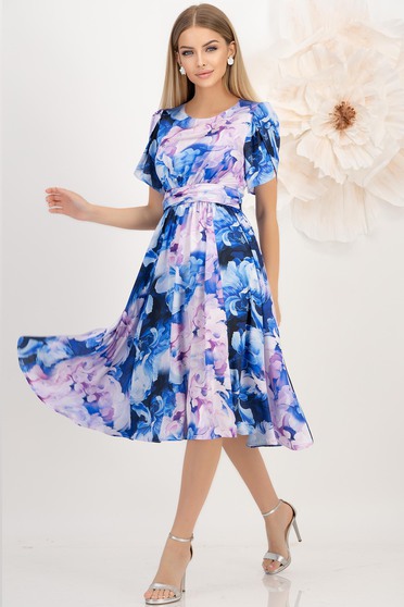 Rochii vaporoase - Colecția 2025, Rochie din satin mov midi in clos crapata pe picior - StarShinerS - StarShinerS.ro