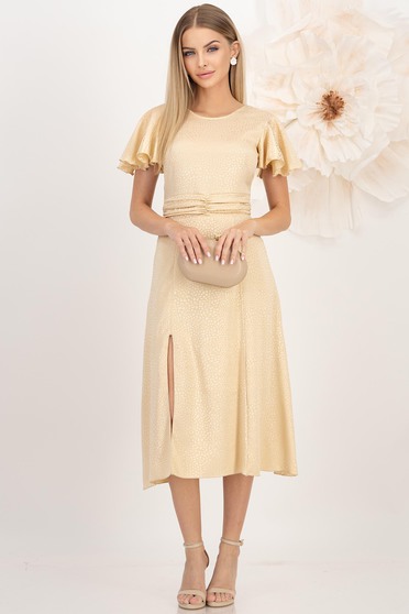 Rochie din satin bej midi in clos crapata pe picior cu volanase la umeri - StarShinerS
