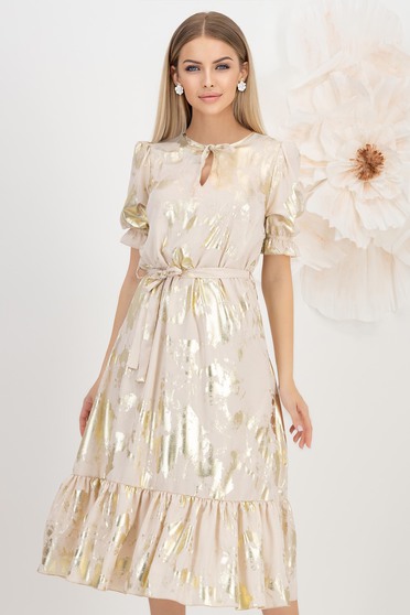 Rochii de ocazie bej, crem și nude - Colecția 2025, Rochie din tripluvoal metalizat bej midi in clos cu elastic in talie - StarShinerS - StarShinerS.ro