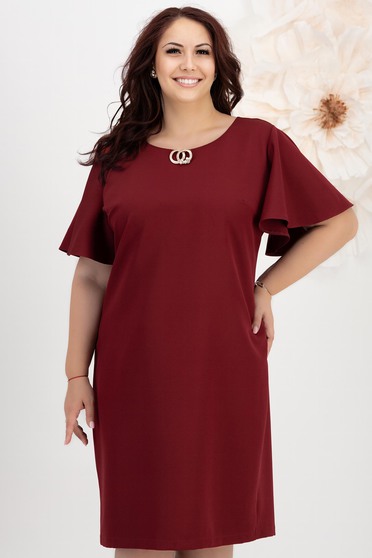 Rochie din stofa elastica visinie cu un croi drept si volanase la maneca - StarShinerS