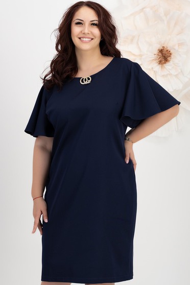 Rochie din stofa elastica bleumarin cu un croi drept si volanase la maneca - StarShinerS